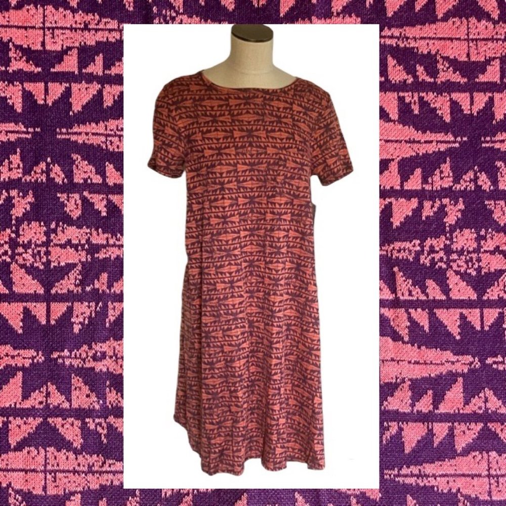LuLaRoe Carly Medium Swing Dress NWT Purple Salmon Pink Orange Jacquard Pocket